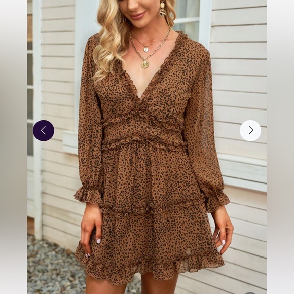 EUC Leopard Print Frill Trim Plunge Open Back Flounce Sleeve Dress Size XS - Picture 2 of 14